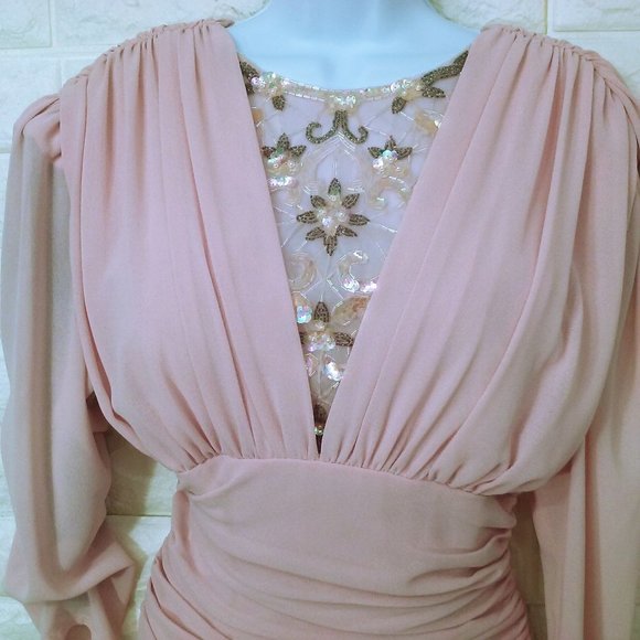 Vintage 90s Abby Kent Cocktail Dress -10 Ruched Crepe Embellished Fullskirt Pink - Picture 2 of 11